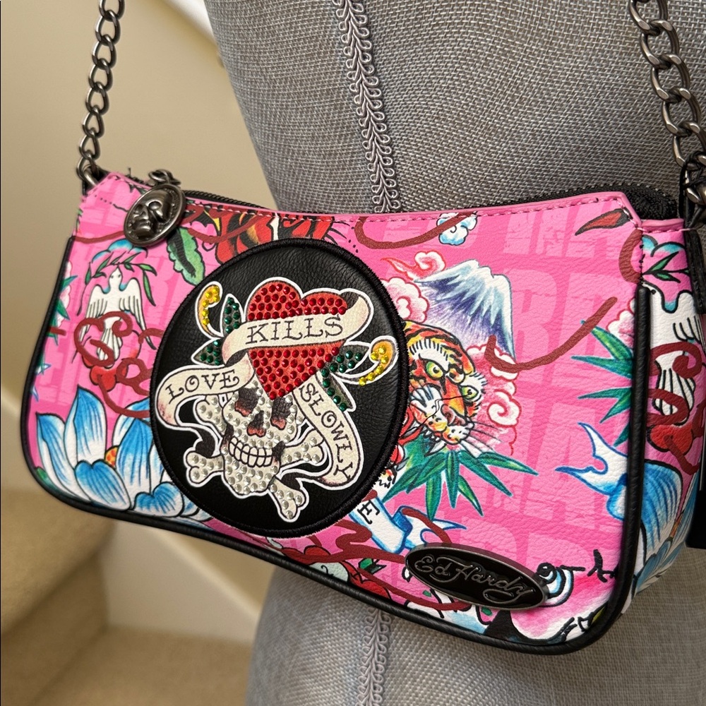 Ed Hardy Pink and Black Graphic Shoulder/Crossbody Bag with rhinestones.